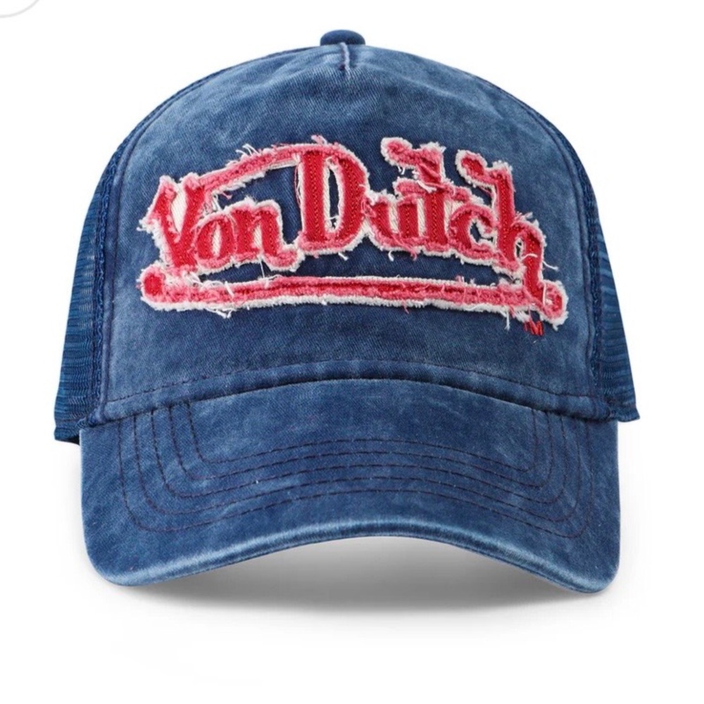 Von Dutch Blue Trucker Cap with Distressed Red Logo